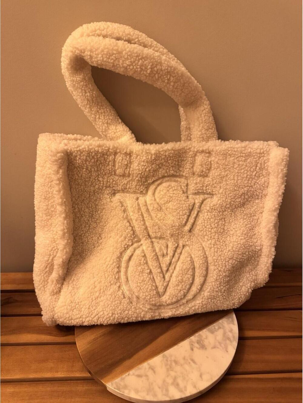 Victoria’s Secret Ivory VS Logo Sherpa Tote Bag Weekender 13”H X 16”W